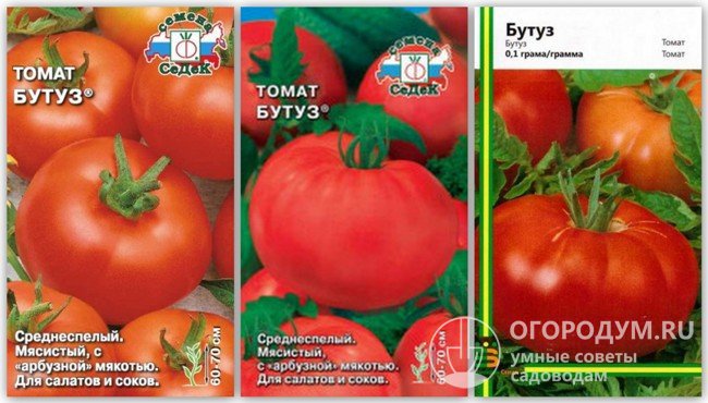 Упаковки семян томатов сорта «Бутуз» разных производителей