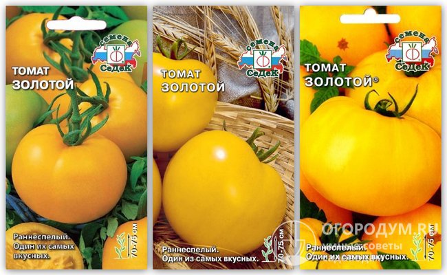 Разные упаковки семян сорта томатов «Золотой» фирмы «СеДеК»