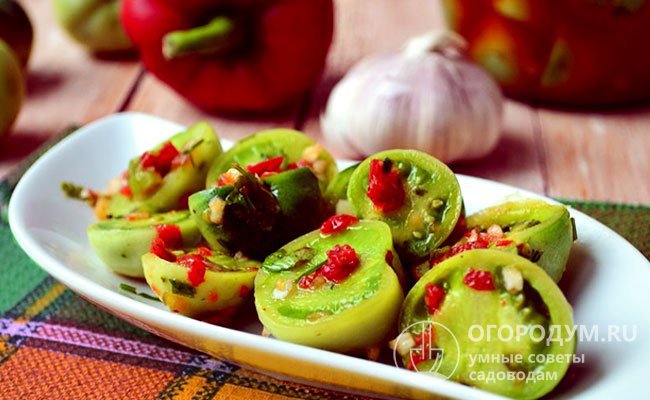 Кисловато-соленые, остро-пряные закуски из плотных зеленых томатов – настоящее украшение зимних застолий