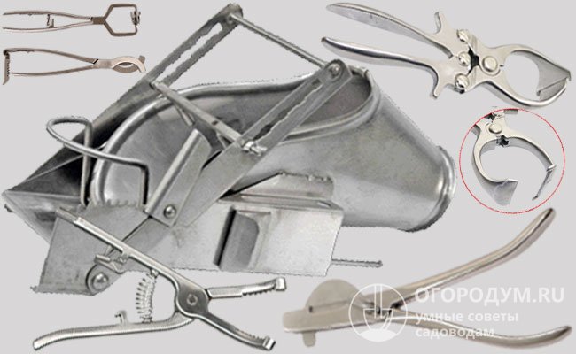 Станок для фиксации и различные инструменты (щипцы, клещи, эмаскулятор)