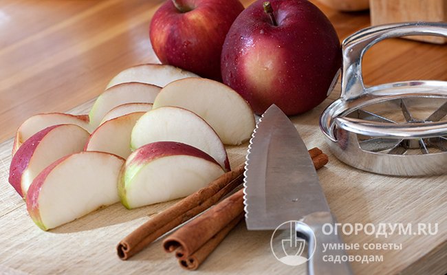 При «разделке» фруктов удобно пользоваться яблокорезкой (на фото) – она удалит сердцевину и разрежет плоды на ровные ломтики, которые затем можно измельчить ножом до нужного размера