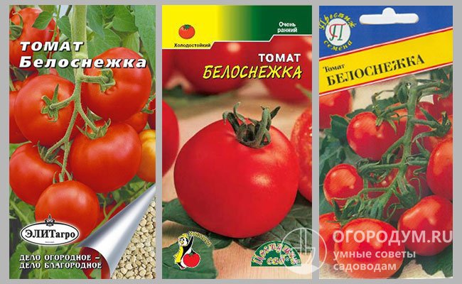 Упаковки семян раннего сорта томатов «Белоснежка» различных производителей