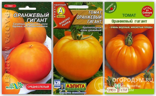 На фото – упаковки с семенами томатов «Оранжевый гигант» различных производителей