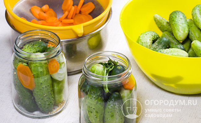 Чтобы усилить морковный аромат и вкус, помимо зелени вы можете добавить при консервации корнеплод моркови. Нарежьте 1-2 средних плода (на литровую банку) крупными ломтиками и проложите их между огурцами