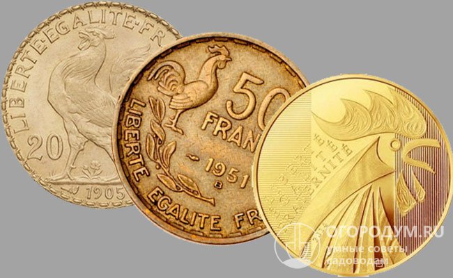 На многих старинных и современных французских монетах национальный девиз «Свобода, равенство, братство» сопровождается изображением петушка