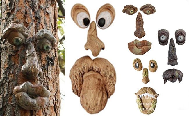 Скульптурные элементы, имитирующие лица, для художественного оформления деревьев