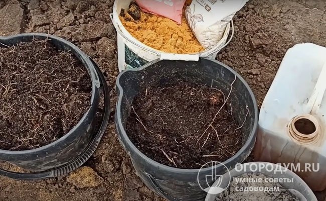 Грунт, вынутый из ямы, перемешивают с компостом, золой и суперфосфатом, разрыхляют песком